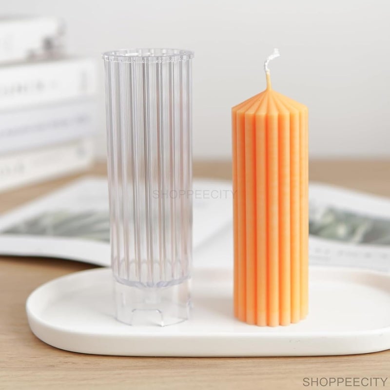 ShoppeeCity Striped Column Pillar Candle Mold I 3D Cylindrical Round Ribbed Geometric Pillar Acrylic Candlestick Wax Beeswax Mould I for DIY Handmade Cake Dcor Aromatherapy Candles Making Home Decoration 5X15 cm - Image 2