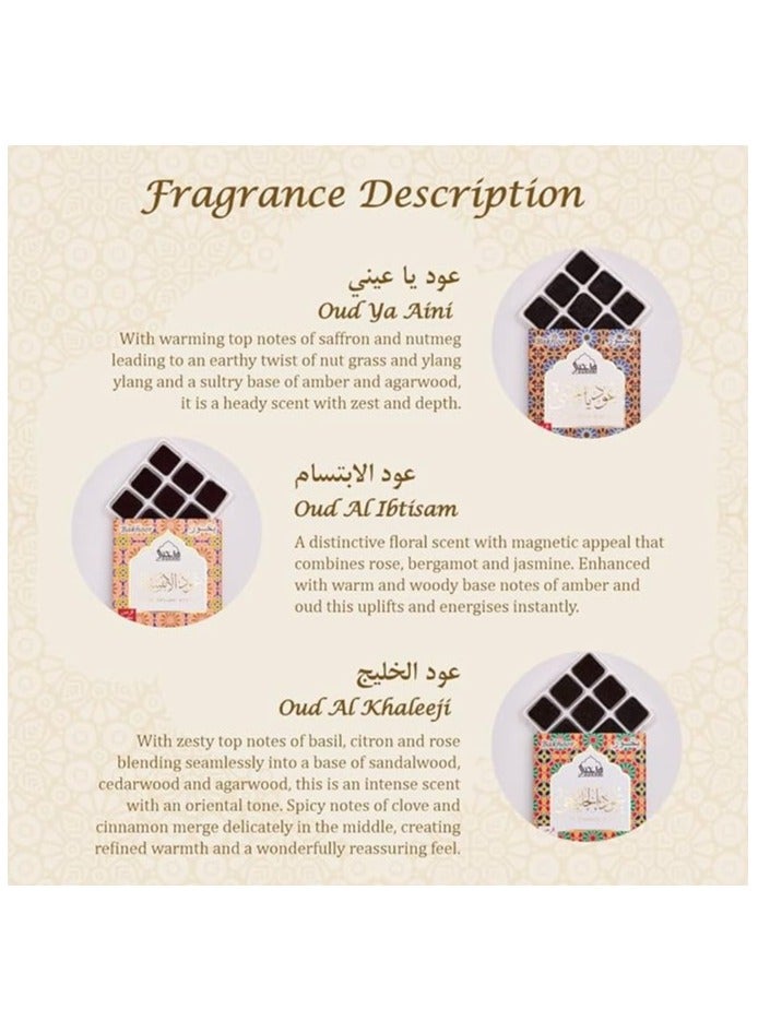 Dukhni Oud Ya Aini, Oud Al Khaleeji, Oud Al Ibtisam Bakhoor  3 x 9 Piece each | Assorted Arabic Bakhoor Incense | Perfect to Relax, Meditate & Pray | Rich, Luxurious, Long Lasting - Image 3
