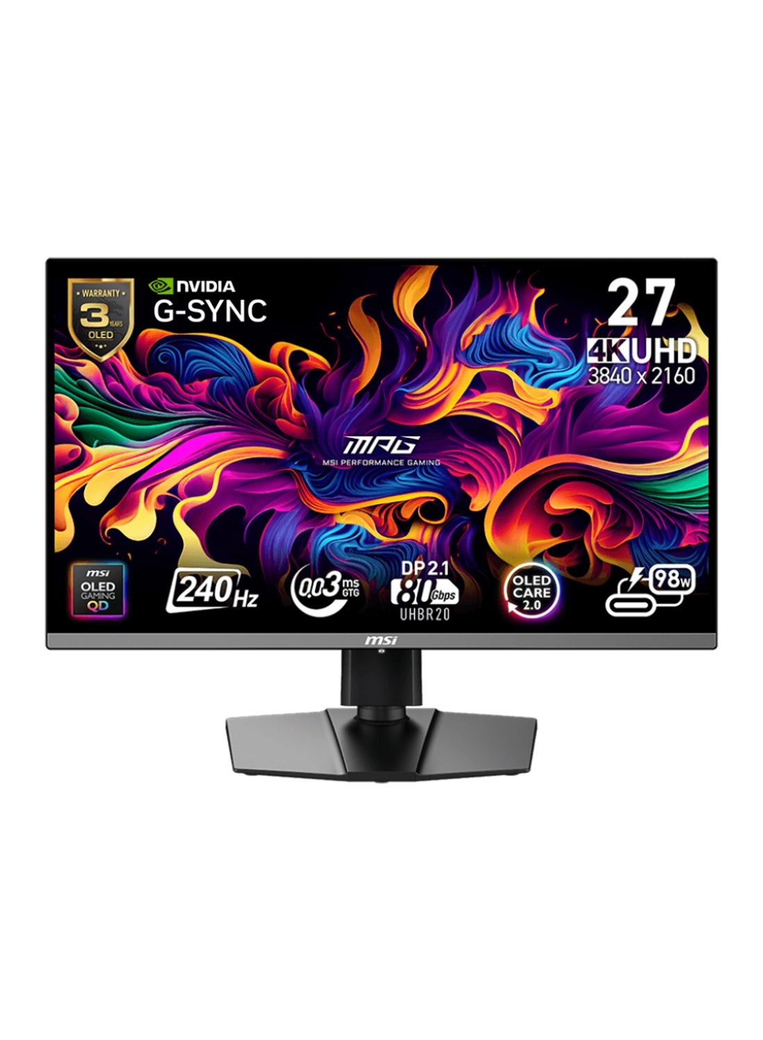 MPG 272URX 27" QD-OLED Gaming Monitor, 3840x2160 (4K) UHD, 240Hz, 0.03ms GtG, DisplayHDR True Black 400, G-SYNC Compatible, 99% DCI-P3, 1000 nits Peak Brightness, HDMI™ 2.1, DisplayPort 2.1a, USB Type-C (98W PD), Anti-Glare, VESA Mount | 9S6-3CD79A-017 Black