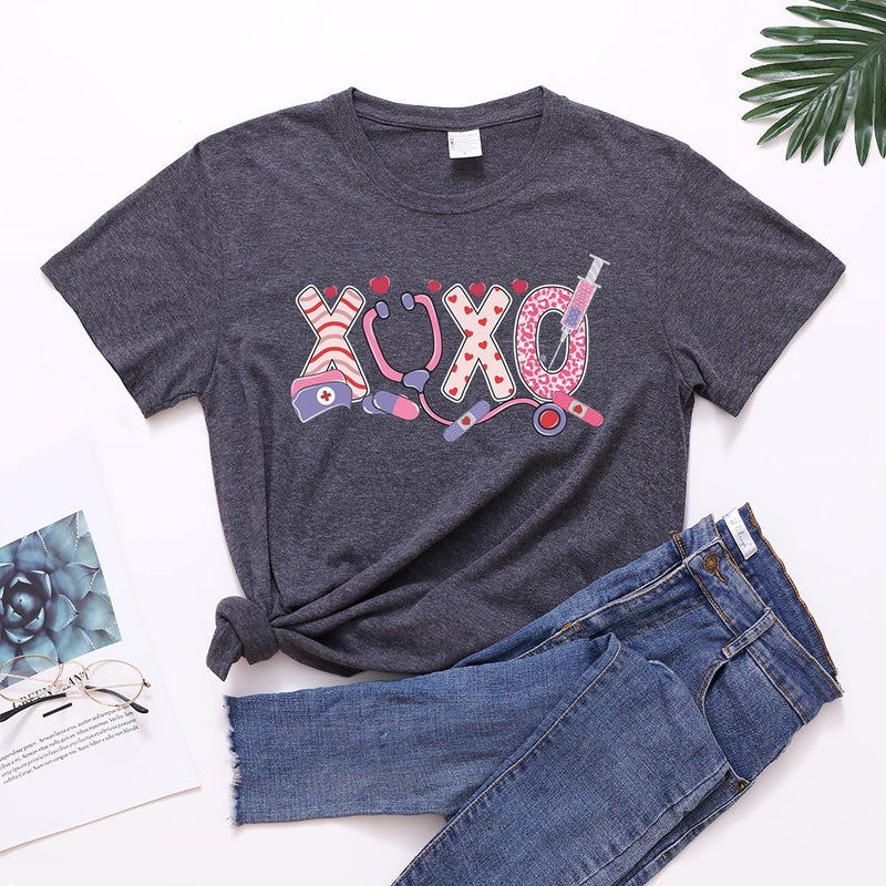 Independent Station 2023 New Independent Station International Nurse Festival Xoxo Letter Printed Round Neck Short Sleeve T-Shirt For Women - Image 4