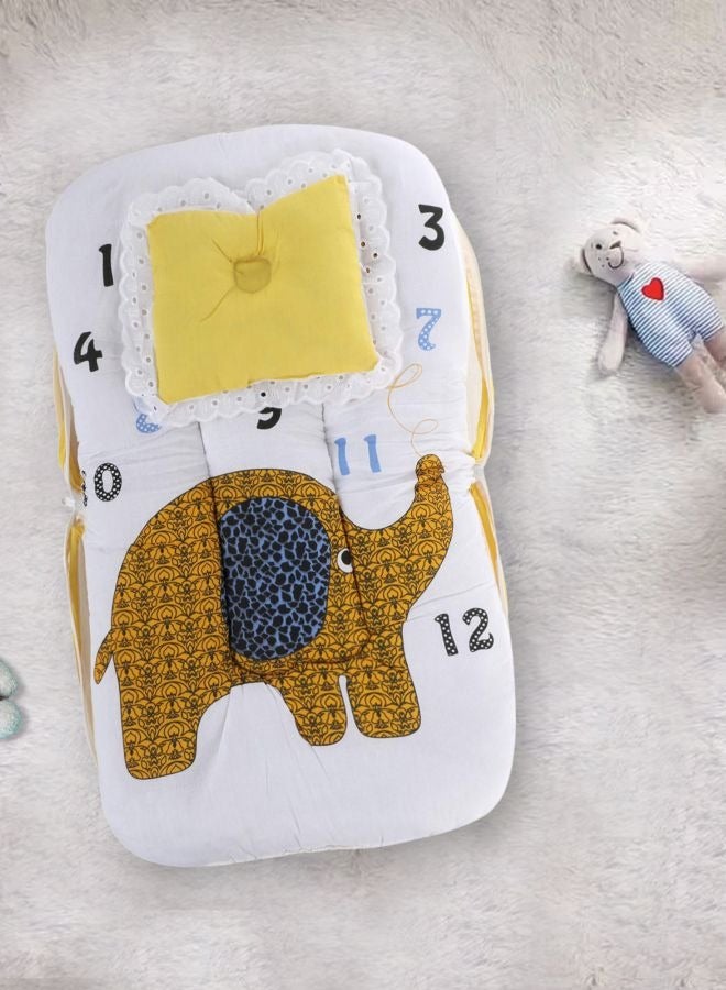 Superminis Elephant Print Cotton Bedding Set Thick Base Foldable Blue With Mosquito Net And Head Pillow  Zip Closure - Image 5