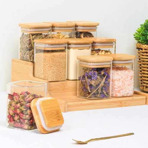 Encheng Glass Storage square Containers with Lids Glass Jars with Lids,230 ml Clear Food Canister, Pantry jar set of 12(12, SQUARE BAMBOO LID GLASS JAR 230 ml-) - Image 5