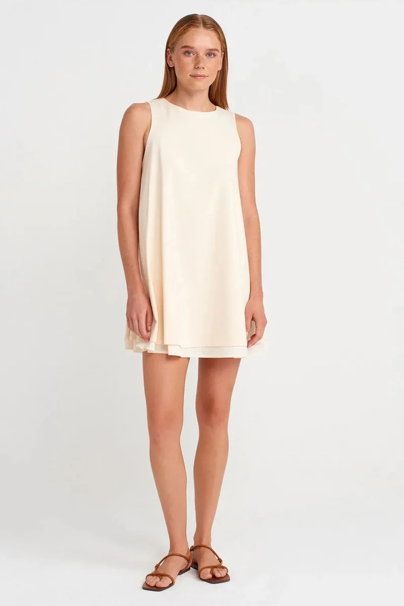 Dilvin Cream Natural DILVIN Cotton Poplin Sleeveless Mini Shift Dress for Women | Best Price UAE