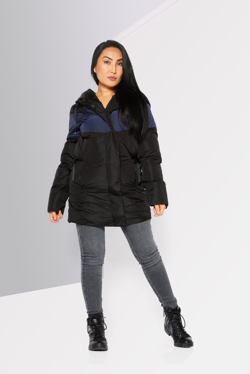 One Step Women Hooded Long Sleeve Puffer Jacket, Black - Image 2