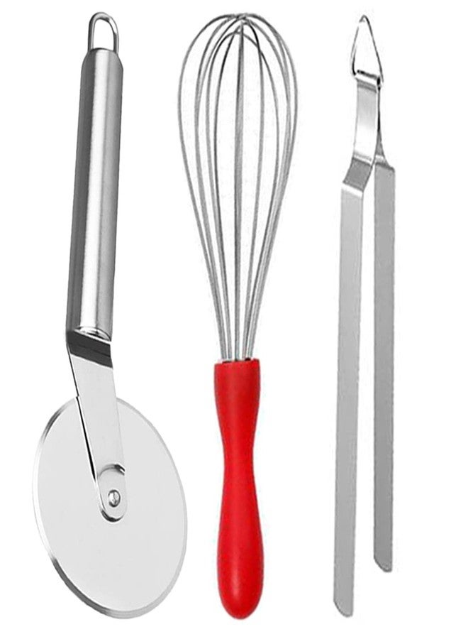Oc9 Stainless Roti Chimta & Pizza Cutter/Slicer & Egg Whisk/Egg Beater for Kitchen Tool Set - Image 1