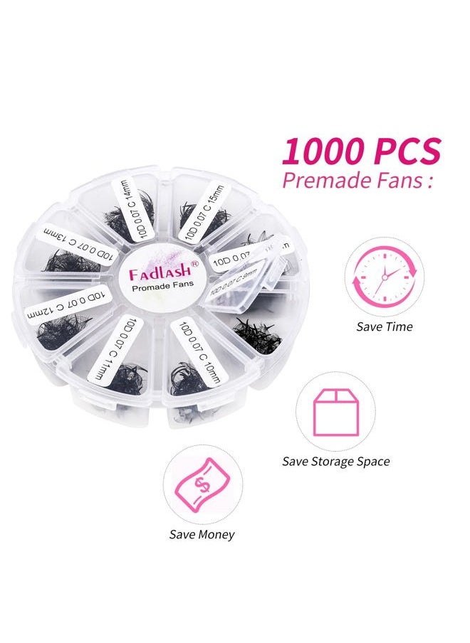 FADLASH - Volume Lash Extensions Mixed Tray 1000 Premade Fans 10D Loose Promade Fans Pointy Base Premade Fans Eyelash Extensions Handmade Premade Lash Fans (10D-0.07C,9-16mm) - Image 1