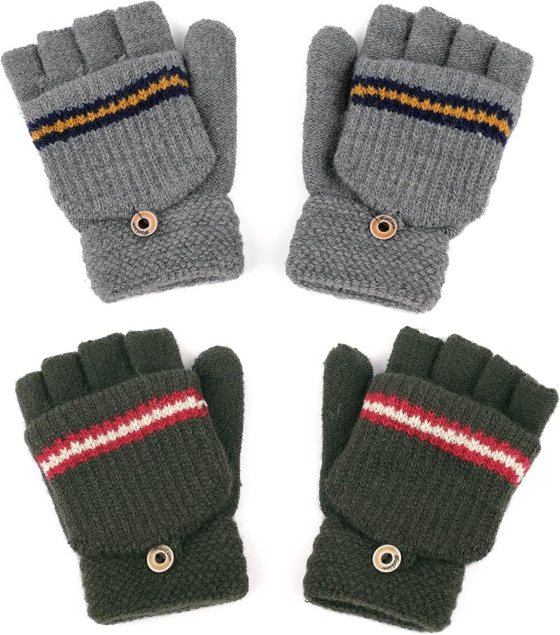 F Flammi Kids Winter Knitted Mitten Gloves Convertible Fingerless Gloves with Cover for Teen Boys Girls Aged 5-10, 2 Pairs - Image 1