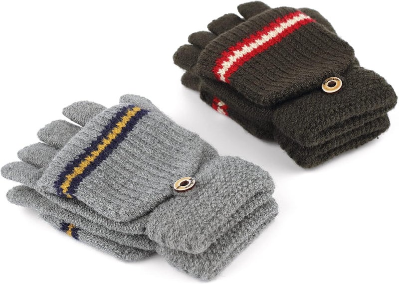 F Flammi Kids Winter Knitted Mitten Gloves Convertible Fingerless Gloves with Cover for Teen Boys Girls Aged 5-10, 2 Pairs - Image 2