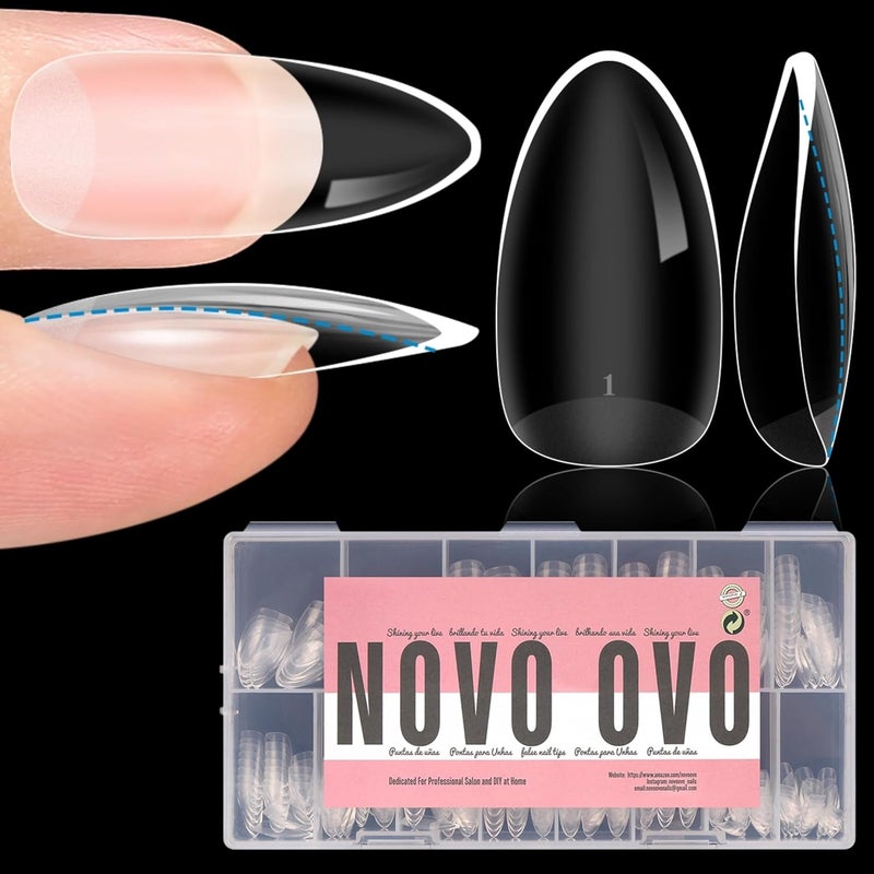 Extra Thick Almond Nail Tips Press on Natural Curve, Medium Soak Off Soft Gel Fake Nail Extension, Full Cover Matte Cuticle False Nails for Acrylic French, Salon DIY x 14 Sizes 336 pcs