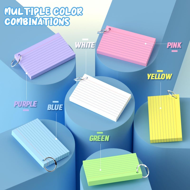 Aidunmis Colored Index Cards 3x5, 300 Count Lined Index Cards with Ring, 6 Colors Note Cards 3x5, 50 Sheets Each Pack, Heavy Bright Flash Cards with Rings, Colored Notecards 3x5 Lined for Office, Home, School - Image 4