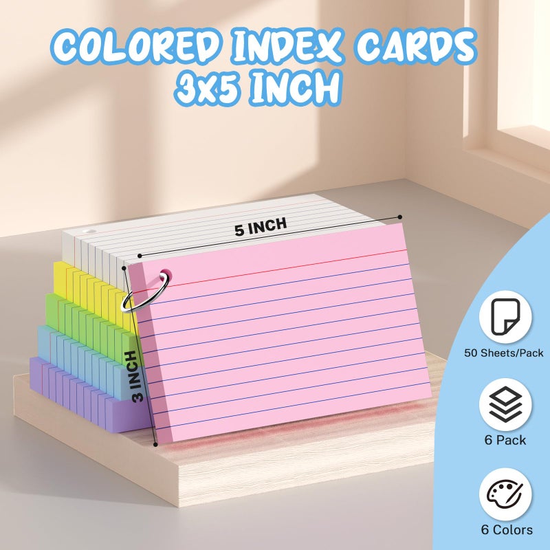 Aidunmis Colored Index Cards 3x5, 300 Count Lined Index Cards with Ring, 6 Colors Note Cards 3x5, 50 Sheets Each Pack, Heavy Bright Flash Cards with Rings, Colored Notecards 3x5 Lined for Office, Home, School - Image 2