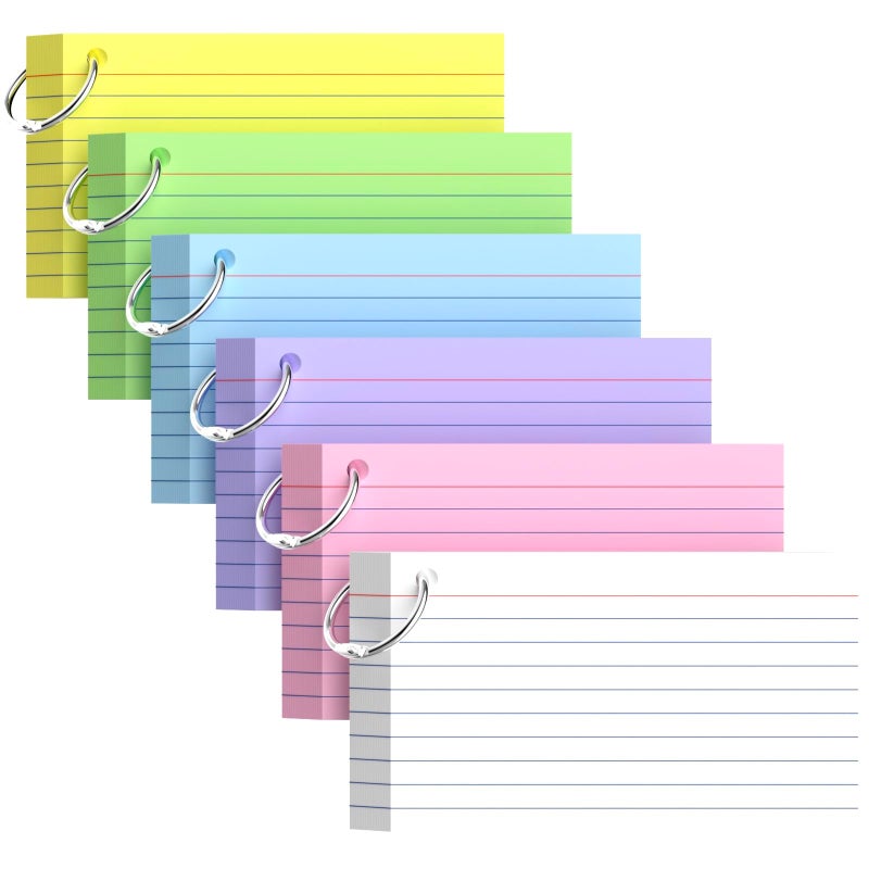 Aidunmis Colored Index Cards 3x5, 300 Count Lined Index Cards with Ring, 6 Colors Note Cards 3x5, 50 Sheets Each Pack, Heavy Bright Flash Cards with Rings, Colored Notecards 3x5 Lined for Office, Home, School - Image 1
