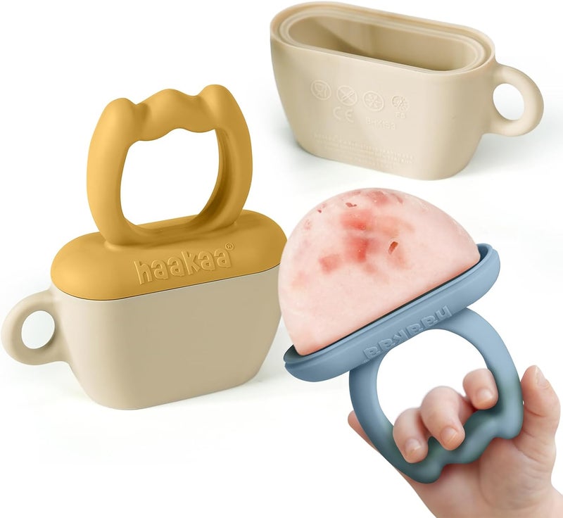 haakaa Chilly Monster Ice Pop Mould, Breastmilk Popsicle Mold for Baby Teething Relief, BPA Free Easy Release Ice Cream Molds, Frozen Breast Milk Teether for Infant 6 Months+ (Sky Blue + Mustard) - Image 1