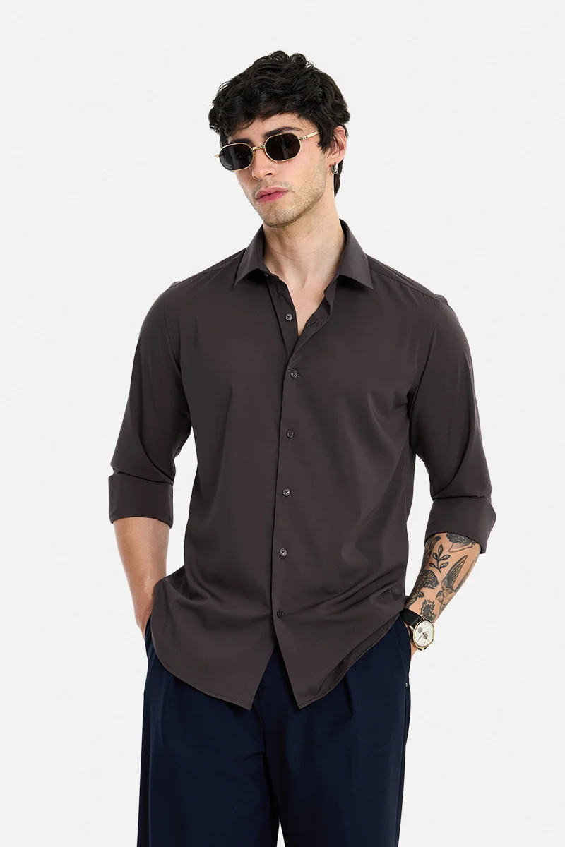 سنيتش Brown Solid Long Sleeve Slim Fit Formal Luxe Shirt