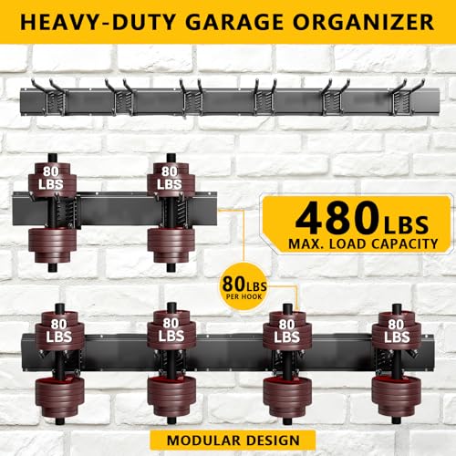 Tebgeag Garage Tool Organizer Wall Mount, 48inch Heavy-Duty Garage Storage System and Garden Tool Organizer with 6 Adjustable Double Hooks for Shovel, Snowboard, Yard Tools and Shed - Image 2