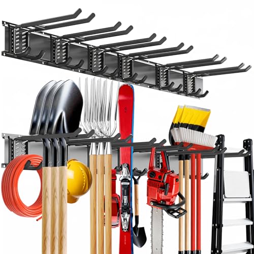 Tebgeag Garage Tool Organizer Wall Mount, 48inch Heavy-Duty Garage Storage System and Garden Tool Organizer with 6 Adjustable Double Hooks for Shovel, Snowboard, Yard Tools and Shed - Image 1