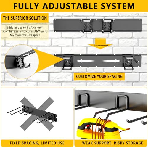 Tebgeag Garage Tool Organizer Wall Mount, 48inch Heavy-Duty Garage Storage System and Garden Tool Organizer with 6 Adjustable Double Hooks for Shovel, Snowboard, Yard Tools and Shed - Image 3