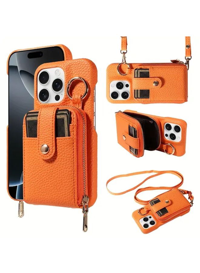 Beige Faux Leather Phone Case With Hook Lanyard Wallet For iPhone 15 - Image 1