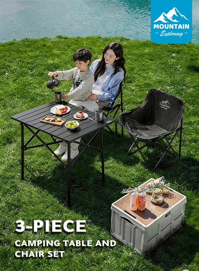 استكشاف الجبال طقم طاولة وكراسي قابلة للطي من 3 قطع للتخييم الخارجي مع حقيبة تخزين – قوي التحمل، سهل الحمل والتخزين، مناسب للنزهات العائلية والشواء - Image 1