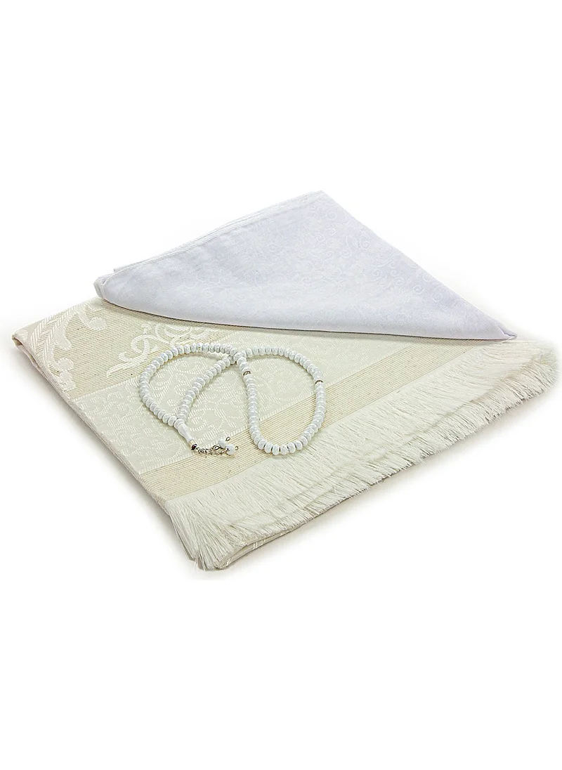 İhvan Online Prayer Rug Set with Headscarf Suitable for Bundles and Mawlid - With Prayer Beads - White