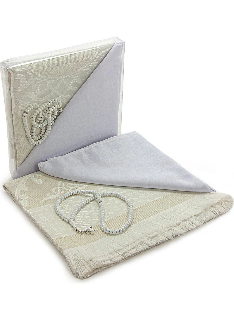 İhvan Online Prayer Rug Set with Headscarf Suitable for Bundles and Mawlid - With Prayer Beads - White