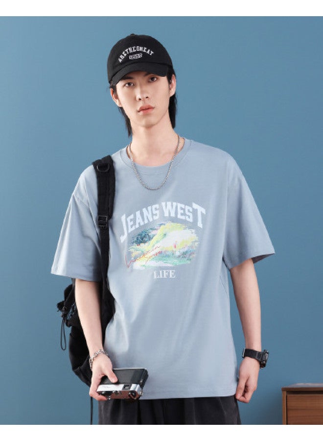 Jeanswest Short Sleeve T-shirt Summer Couple Outfit Trendy Unisex Scenery Print Loose Round Neck Top - Image 1