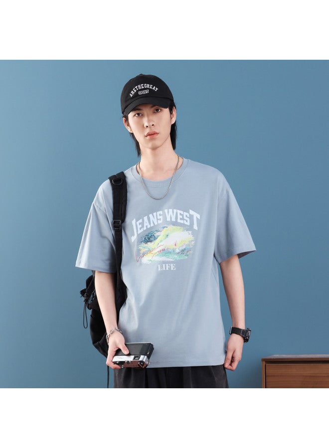 Jeanswest Short Sleeve T-shirt Summer Couple Outfit Trendy Unisex Scenery Print Loose Round Neck Top - Image 2