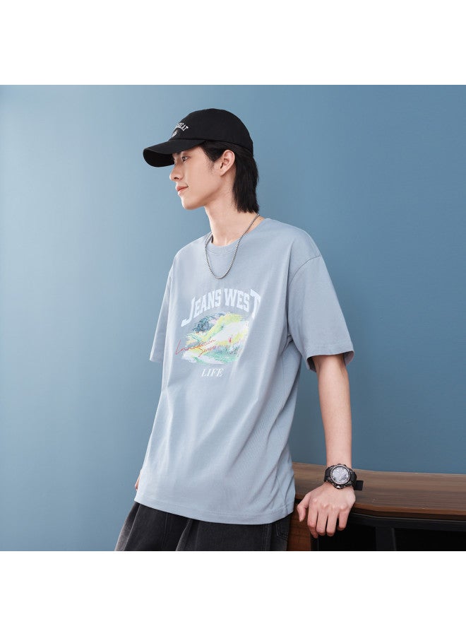 Jeanswest Short Sleeve T-shirt Summer Couple Outfit Trendy Unisex Scenery Print Loose Round Neck Top - Image 3