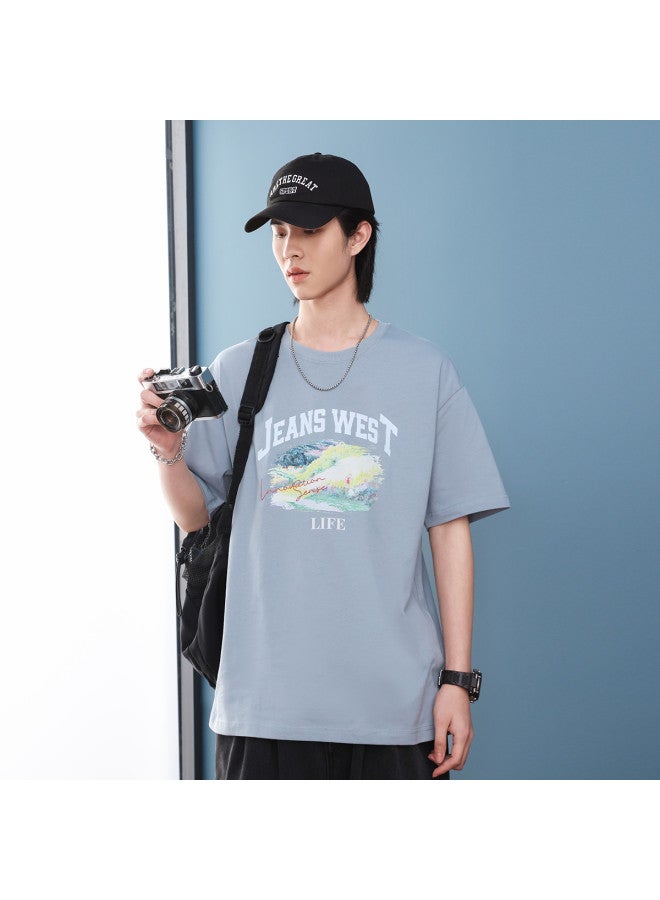 Jeanswest Short Sleeve T-shirt Summer Couple Outfit Trendy Unisex Scenery Print Loose Round Neck Top - Image 5