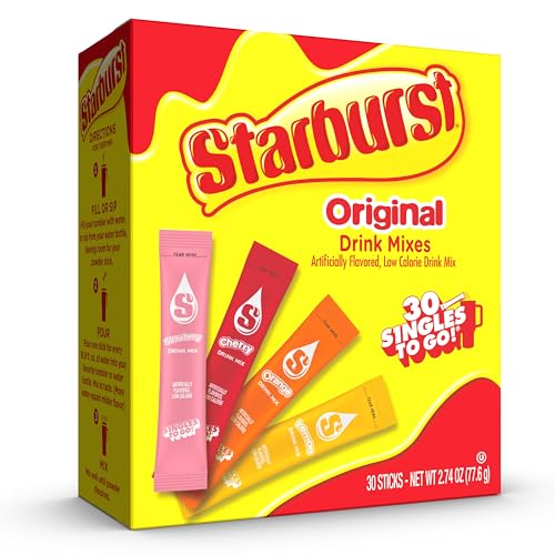 SINGLES TO GO! Starburst Singles to Go Variety Pack, Watertok Powdered Drink Mix, Includes 4 Flavors, Strawberry, Cherry, Orange And Lemon 1 Box (30 Servings) - Image 1