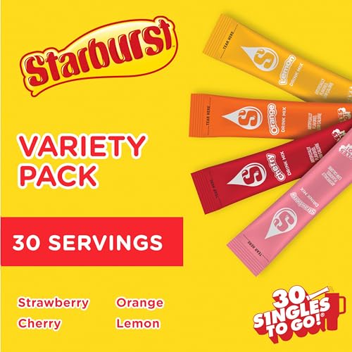 SINGLES TO GO! Starburst Singles to Go Variety Pack, Watertok Powdered Drink Mix, Includes 4 Flavors, Strawberry, Cherry, Orange And Lemon 1 Box (30 Servings) - Image 2