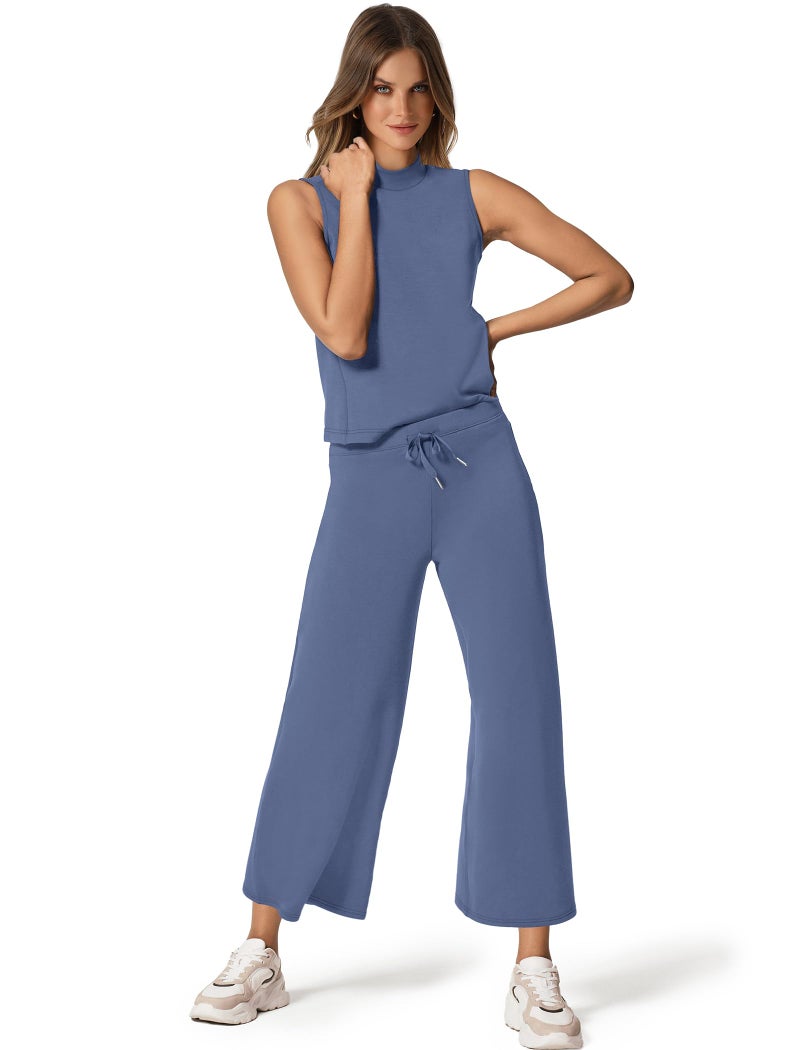 Sampeel Summer Outfits for Women Two Piece Set Casual Wide Leg Pants Vacation Lounge Sets Travel Airport Outfits Trending Airport Outfits 2024 Blue M - Image 2