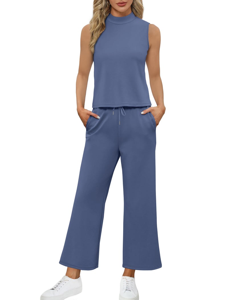 Sampeel Summer Outfits for Women Two Piece Set Casual Wide Leg Pants Vacation Lounge Sets Travel Airport Outfits Trending Airport Outfits 2024 Blue M - Image 3