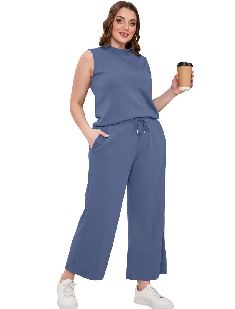 Sampeel Summer Outfits for Women Two Piece Set Casual Wide Leg Pants Vacation Lounge Sets Travel Airport Outfits Trending Airport Outfits 2024 Blue M - Image 4