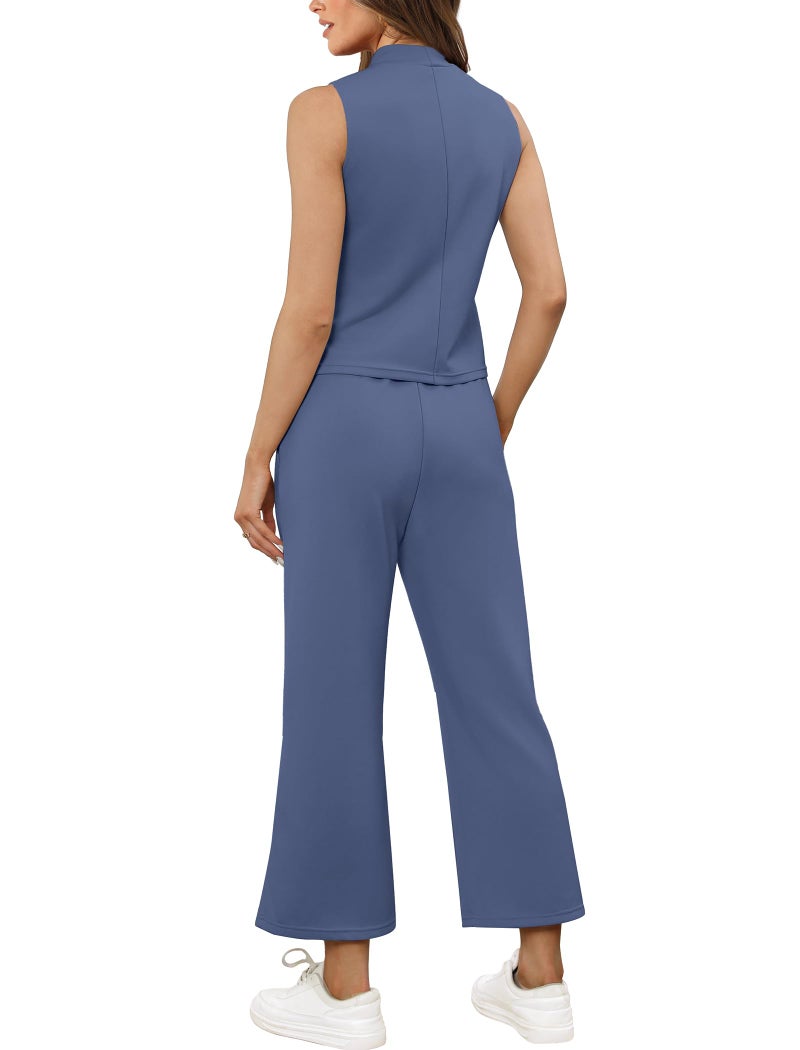 Sampeel Summer Outfits for Women Two Piece Set Casual Wide Leg Pants Vacation Lounge Sets Travel Airport Outfits Trending Airport Outfits 2024 Blue M - Image 5