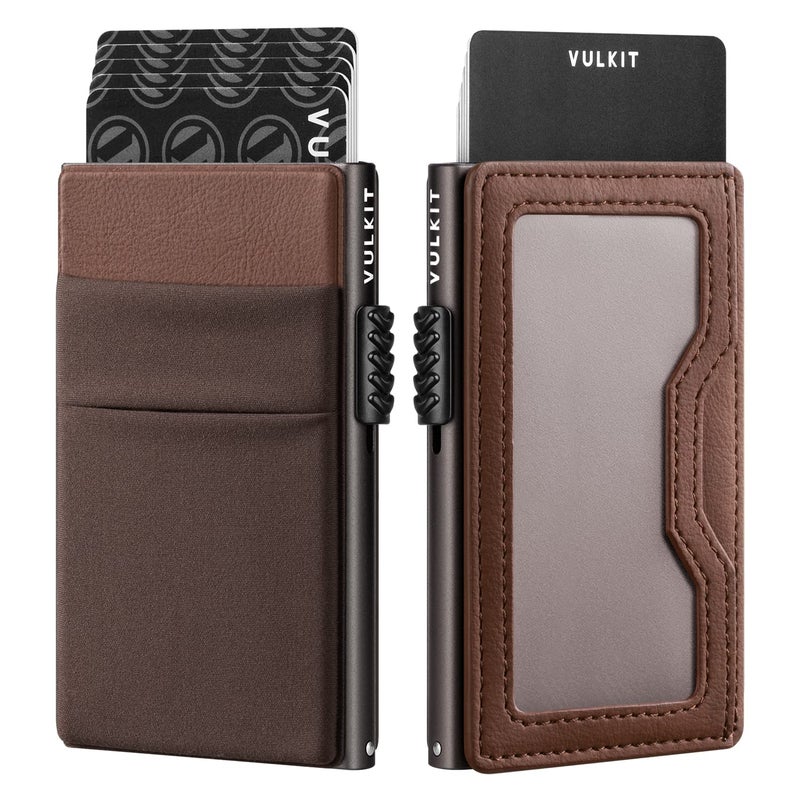 VULKIT محفظة فالكيت مينيماليست مع نافذة هوية وحامل بطاقات قابل للطي بتصميم نحيف مع حماية RFID للأير تاج والنقود والعملات وبطاقات الائتمان (إسبريسو) - Image 1