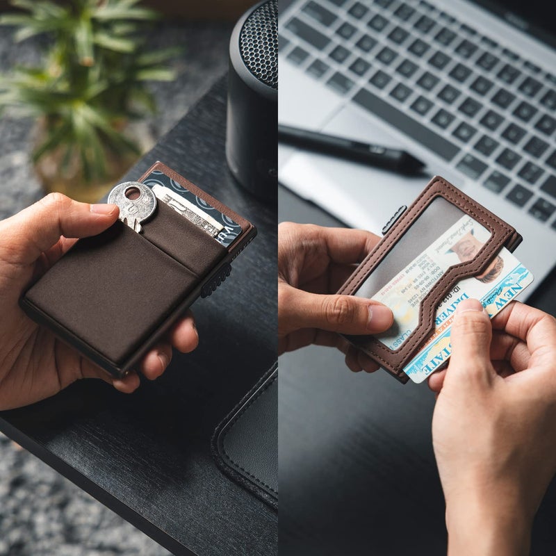 VULKIT محفظة فالكيت مينيماليست مع نافذة هوية وحامل بطاقات قابل للطي بتصميم نحيف مع حماية RFID للأير تاج والنقود والعملات وبطاقات الائتمان (إسبريسو) - Image 2