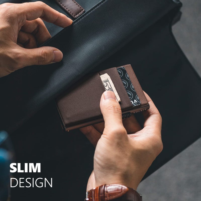 VULKIT محفظة فالكيت مينيماليست مع نافذة هوية وحامل بطاقات قابل للطي بتصميم نحيف مع حماية RFID للأير تاج والنقود والعملات وبطاقات الائتمان (إسبريسو) - Image 4