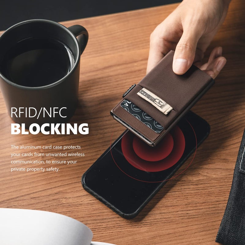 VULKIT محفظة فالكيت مينيماليست مع نافذة هوية وحامل بطاقات قابل للطي بتصميم نحيف مع حماية RFID للأير تاج والنقود والعملات وبطاقات الائتمان (إسبريسو) - Image 5