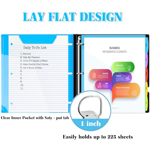 INFUN 1 Inch 3-Ring Telescoping Project Organizer Binder,13 Pocket, Customizable Front Cover, 5 Colors Pocket Divider and Plastic Binder Pocket，225 Sheet Capacity-Blue - Image 3