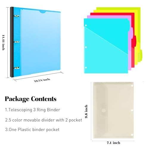 INFUN 1 Inch 3-Ring Telescoping Project Organizer Binder,13 Pocket, Customizable Front Cover, 5 Colors Pocket Divider and Plastic Binder Pocket，225 Sheet Capacity-Blue - Image 2