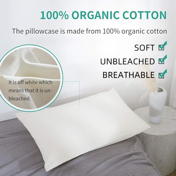 Lofe Organic Cotton Pillow Case - One Pack 16"x 22" Kids Pillow Cover - 300 TC Thread Count - Soft, Safe and Hypoallergenic - Off White - Image 2