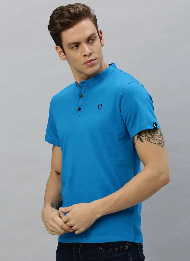 Urbano Fashion  Urbano Fashion Men's Sky Blue Solid Mandarin Collar Slim Fit Cotton T-Shirt for Men | Best Price UAE