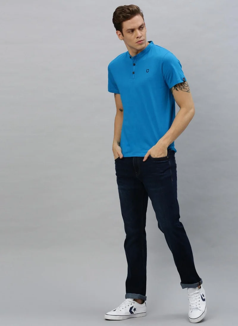 Urbano Fashion  Urbano Fashion Men's Sky Blue Solid Mandarin Collar Slim Fit Cotton T-Shirt for Men | Best Price UAE