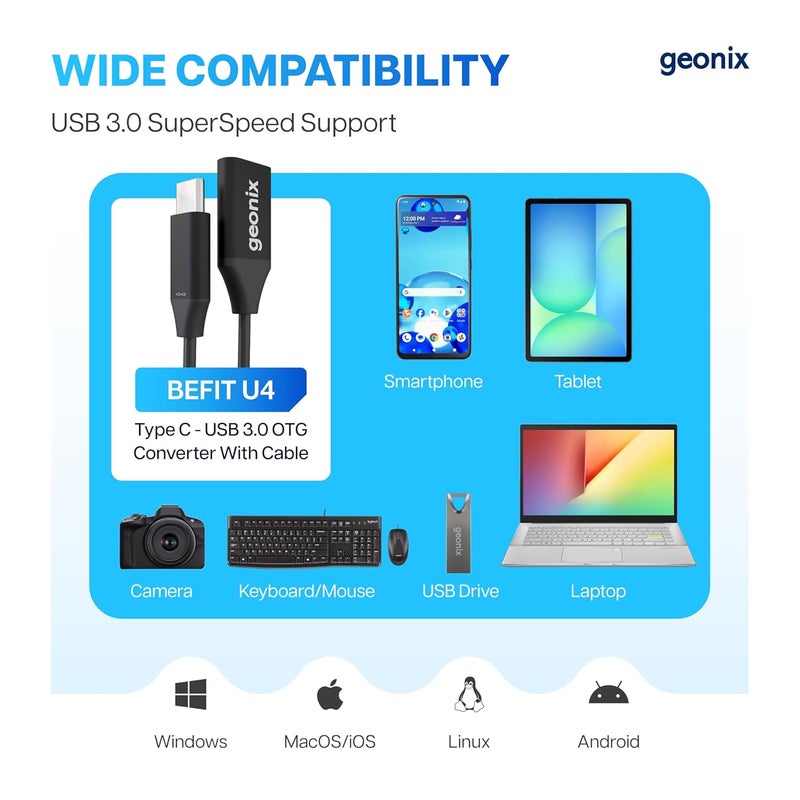 Geonix Befit U4 Type C to USB 3.0 OTG Converter with Cable | 10cm Flexible USB C Male to USB A Female Adapter | 5Gbps Data Transfer | Aluminum Alloy Body | Compatible with Mobile, Laptop, PC, TV - Image 2