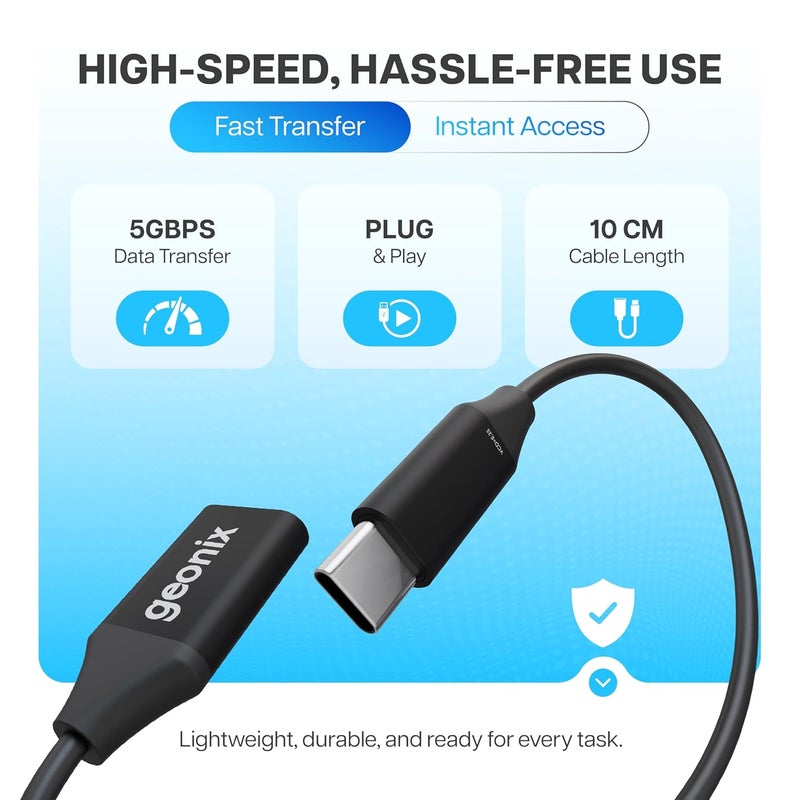 Geonix Befit U4 Type C to USB 3.0 OTG Converter with Cable | 10cm Flexible USB C Male to USB A Female Adapter | 5Gbps Data Transfer | Aluminum Alloy Body | Compatible with Mobile, Laptop, PC, TV - Image 3