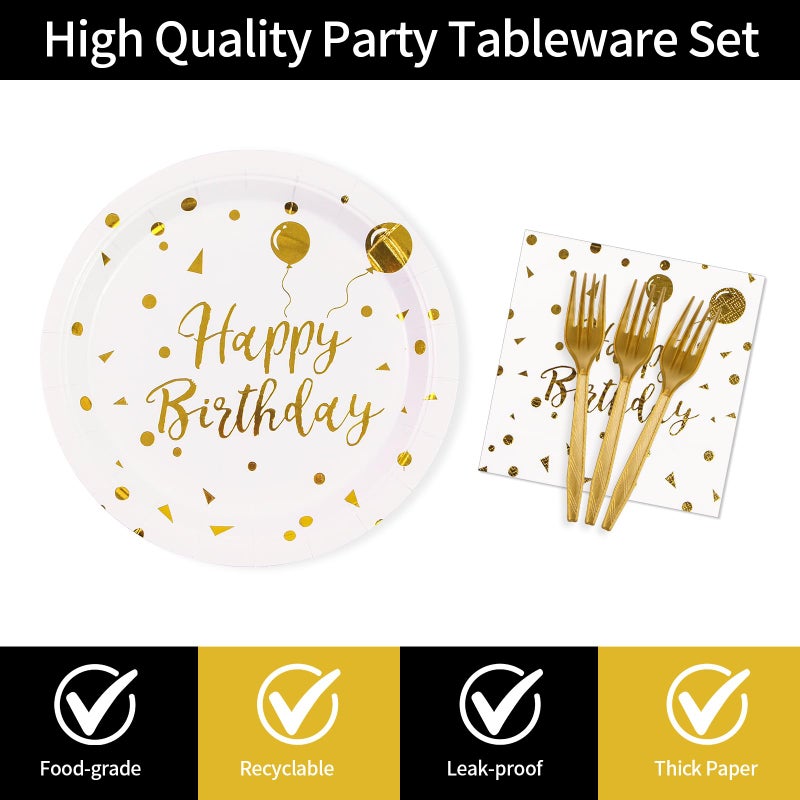 KFJBPB 48PCS Happy Birthday Plates and Napkins Party Supplies, White and Gold Disposable Paper Plates and Napkins with Forks Tableware Set for Birthday Party Decorations 16 Guests - Image 3
