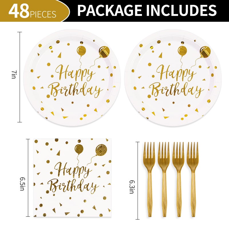 KFJBPB 48PCS Happy Birthday Plates and Napkins Party Supplies, White and Gold Disposable Paper Plates and Napkins with Forks Tableware Set for Birthday Party Decorations 16 Guests - Image 2