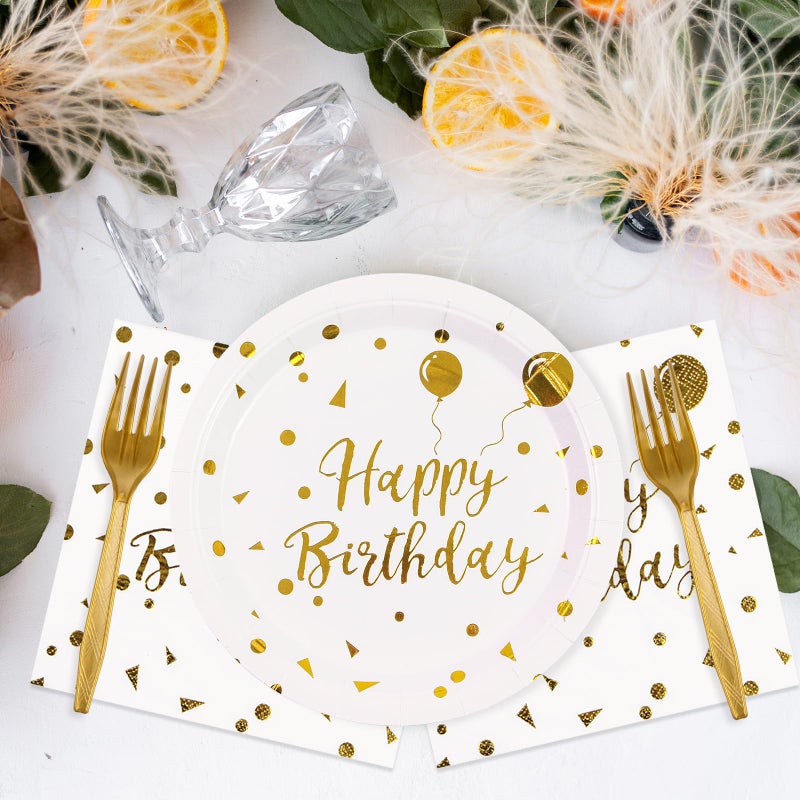 KFJBPB 48PCS Happy Birthday Plates and Napkins Party Supplies, White and Gold Disposable Paper Plates and Napkins with Forks Tableware Set for Birthday Party Decorations 16 Guests - Image 5