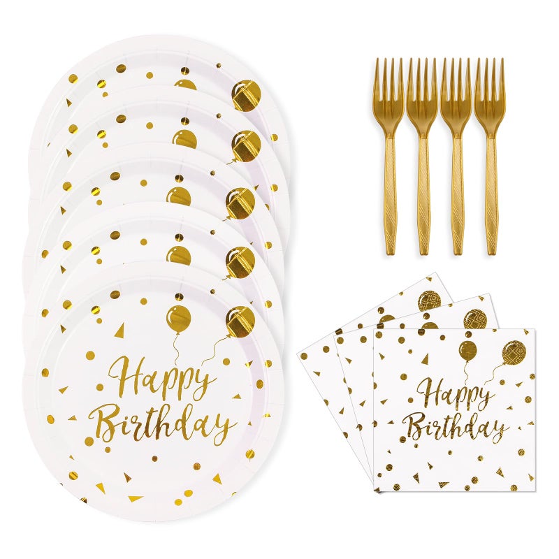 KFJBPB 48PCS Happy Birthday Plates and Napkins Party Supplies, White and Gold Disposable Paper Plates and Napkins with Forks Tableware Set for Birthday Party Decorations 16 Guests - Image 1